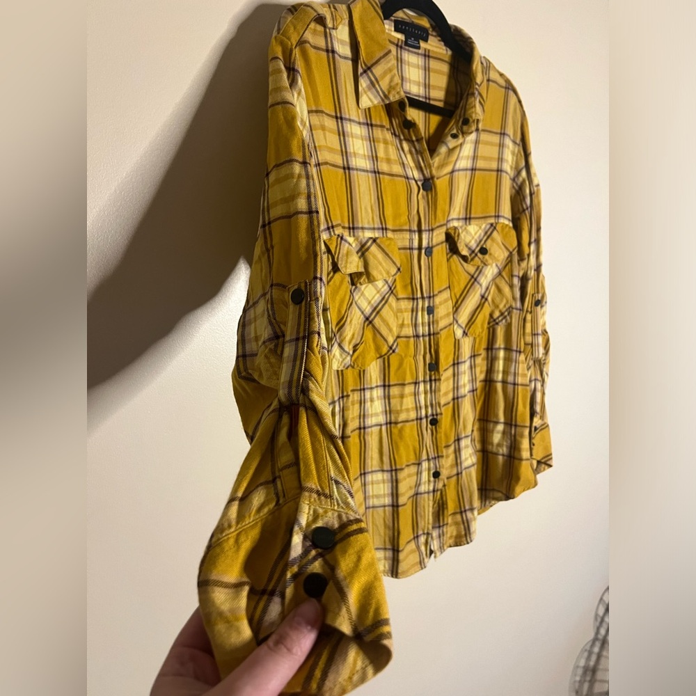 Sanctuary Anthropologie Yellow Black Plaid Button Down Boyfriend Flannel Size M - Picture 4 of 8